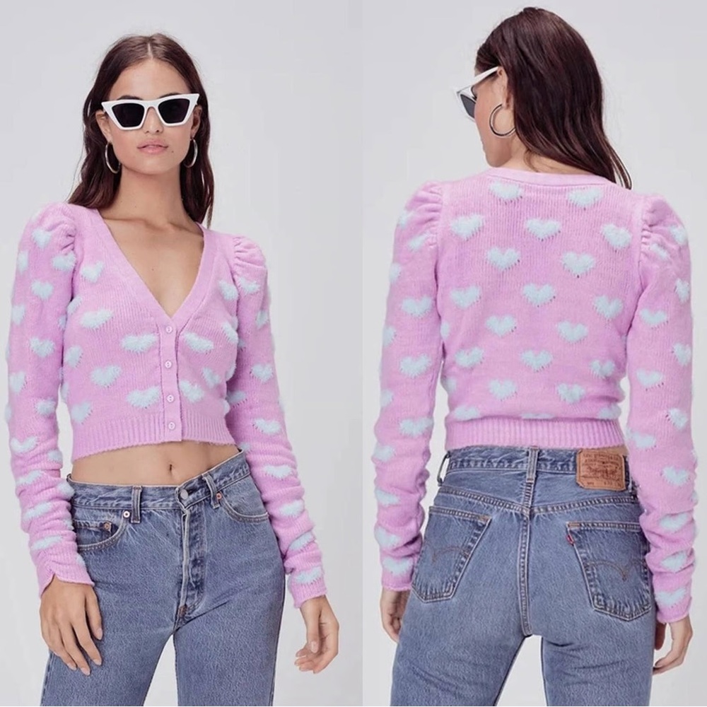 For Love And Lemons Pink Heart Fuzzy Cropped Cardigan
